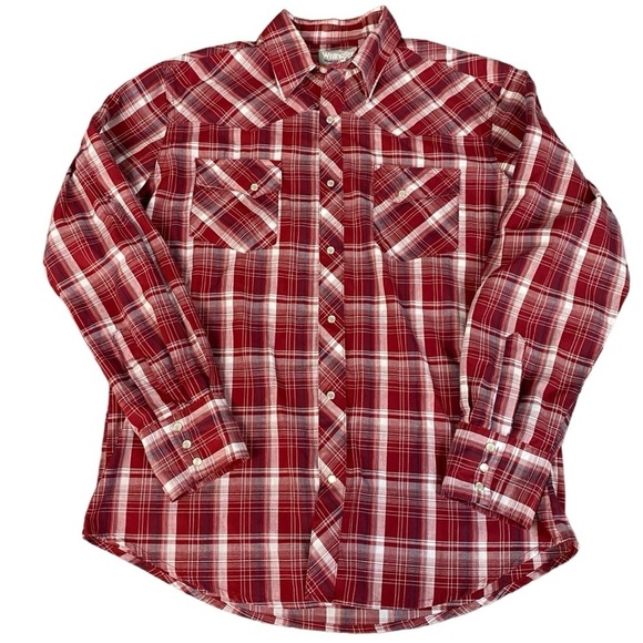 Wrangler Wrancher Shirts Red Plaid Pearl Snap Western Long Sleeve Top Size Large - Picture 1 of 6